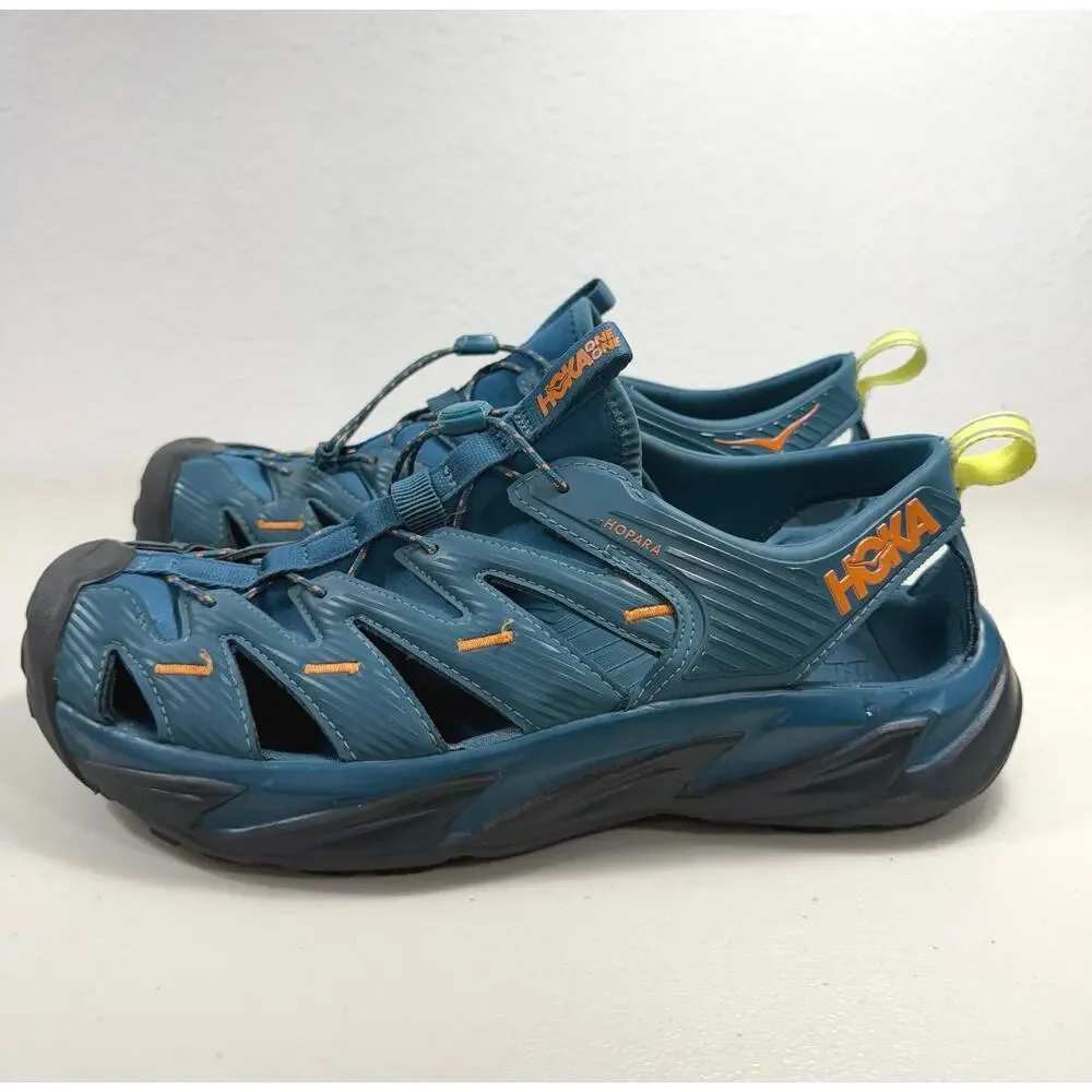 HOKA Hopara Men’s 10.5 Blue Orange Hiking Sandals Slip On Quick Lace